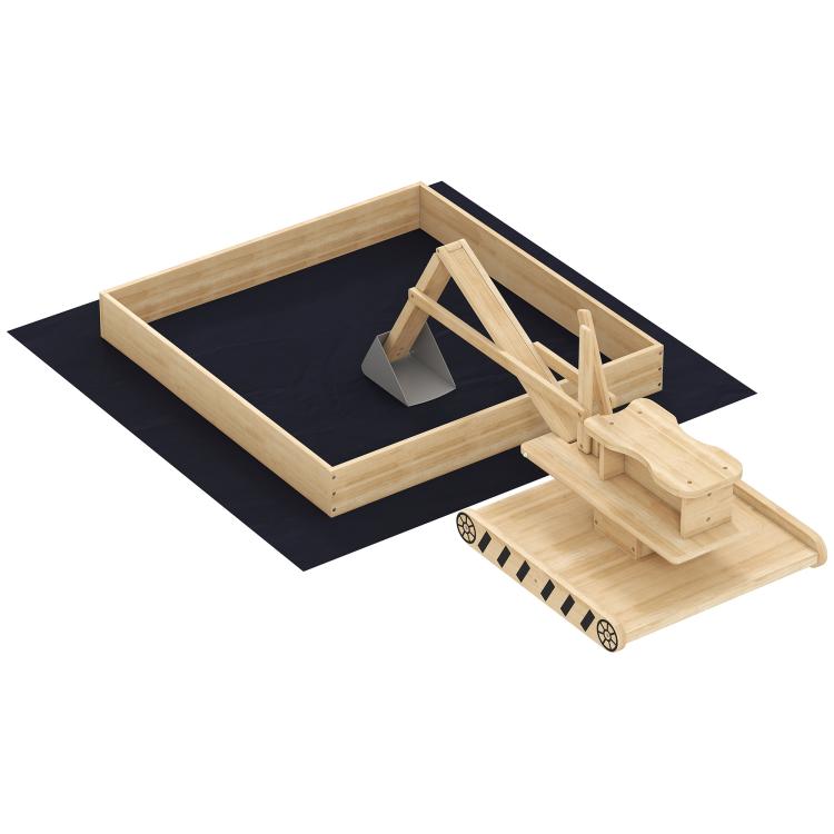 Wooden kids sandbox with dark bottom liner and wooden digger tool with shovel