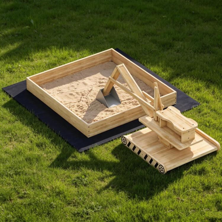 Wooden sandbox with rotating seat, dark liner mat, and digger in the sand area