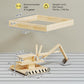 Wooden sandbox with digger and step seat, diagram with size measurements