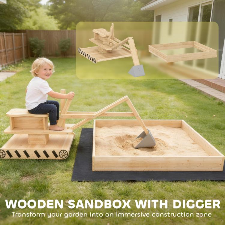 Wooden kids sandbox with digger, rotating seat, and dark liner mat in a yard