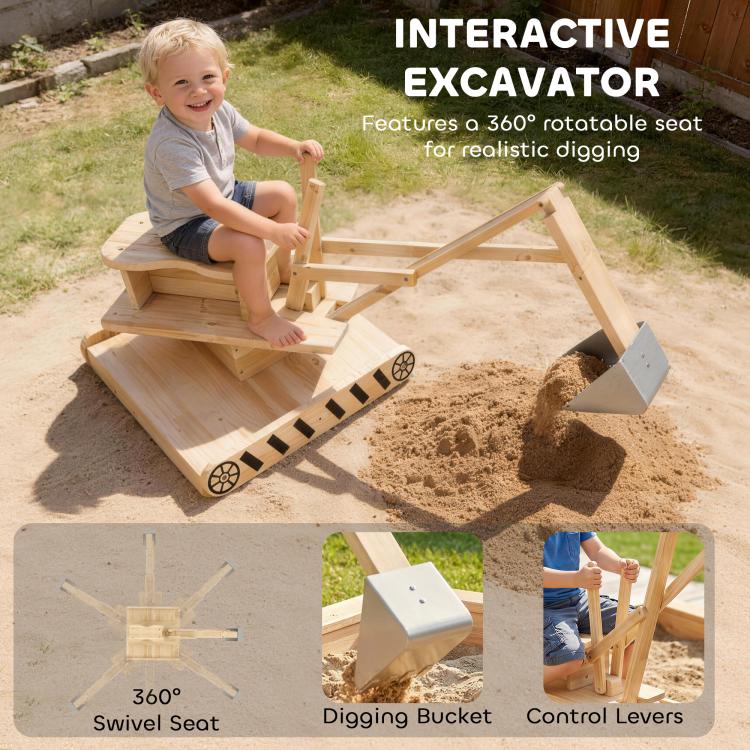 Wooden interactive excavator sandbox with 360° swivel seat and digger bucket