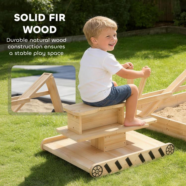 Solid fir wood kids sandbox with rotating seat and digger, light wood and sand tray