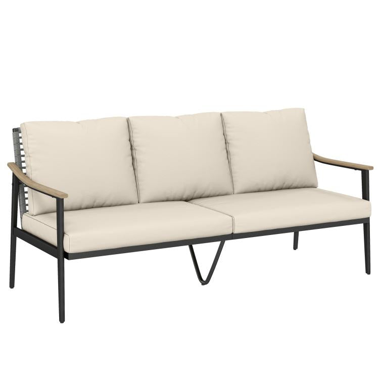 3-seater outdoor patio sofa with khaki cushions, wicker backrest, and dark metal frame