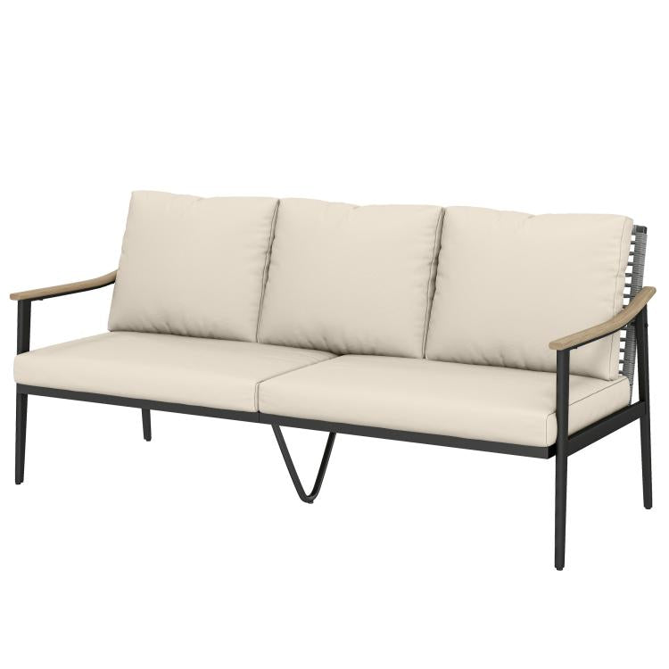 Khaki 3-seater outdoor sofa with wood-effect armrests, wicker back, and dark legs