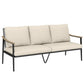 3-seater outdoor sofa with beige padded seat and back, wood-effect armrests, black frame