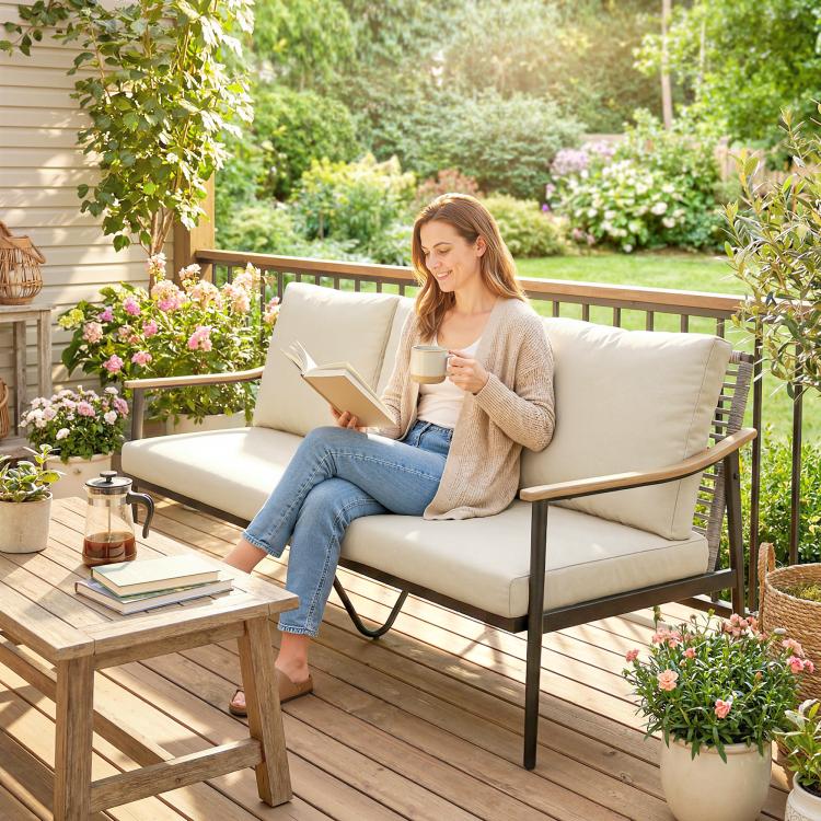 Khaki outdoor sofa with wicker backrest, wood-effect arms, and padded seat cushions