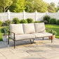 3-seater outdoor patio sofa in khaki with dark frame and cushioned back and seat
