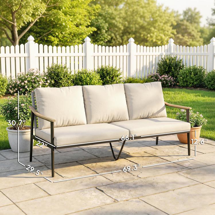 3-seater outdoor patio sofa in khaki with dark frame and cushioned back and seat