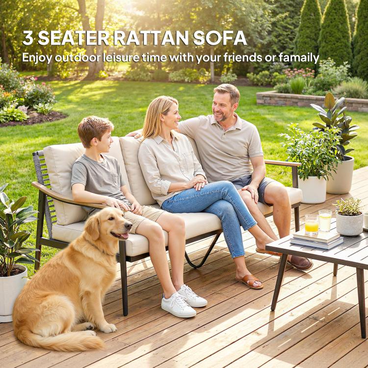 Khaki rattan-style 3-seater sofa with cushioned seats and dark triangular center leg