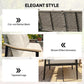 Close-up view of outdoor sofa details: cut-out wicker back, wood-effect armrests, tapered legs