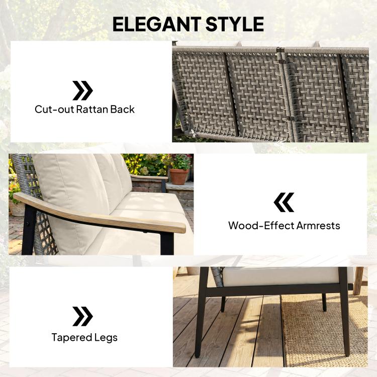 Close-up view of outdoor sofa details: cut-out wicker back, wood-effect armrests, tapered legs
