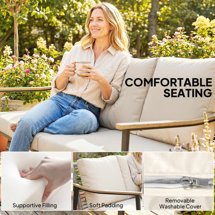 Khaki outdoor sofa seat with supportive padding and removable washable cushion covers