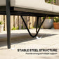 Underside of dark steel legs on khaki outdoor sofa with triangular center support