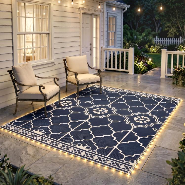 Reversible outdoor rug with LED light border, dark navy and white geometric pattern