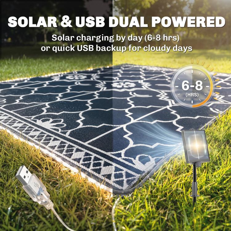 Outdoor rug on grass with illuminated LED border and white geometric lattice pattern
