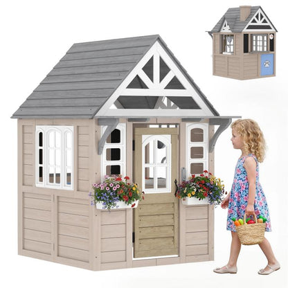 Wooden kids playhouse with gray roof, front door, windows, and flower boxes