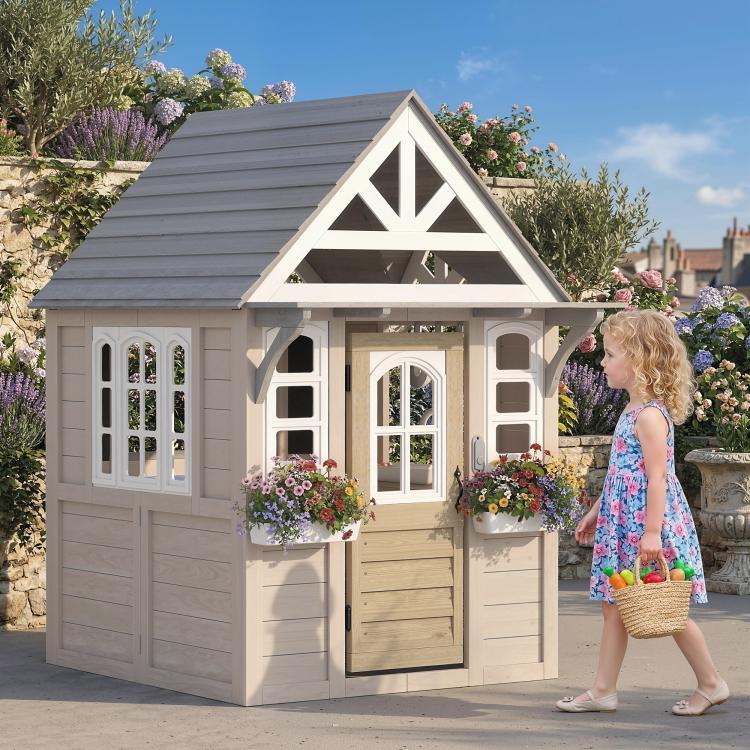 Wooden kids playhouse with gray roof, front door, window panels, and hanging flower boxes