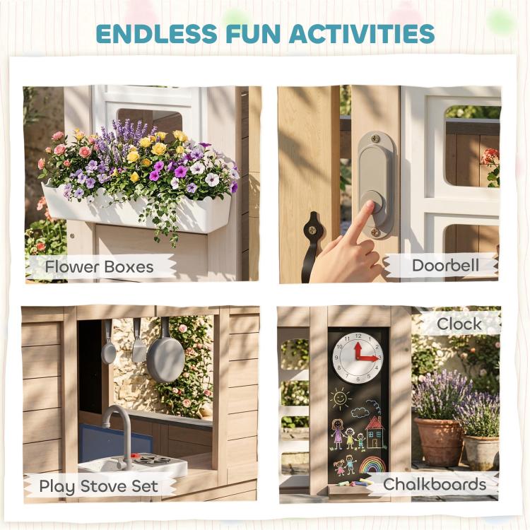 Playhouse accessory features: flower boxes, doorbell, play stove set, chalkboards