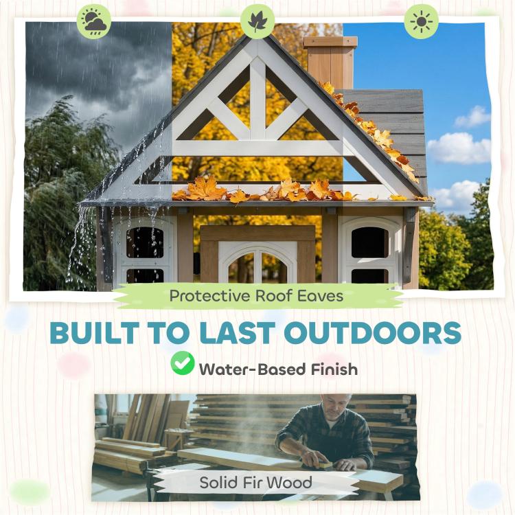 Outdoor-ready playhouse details showing protective roof eaves and durable fir wood