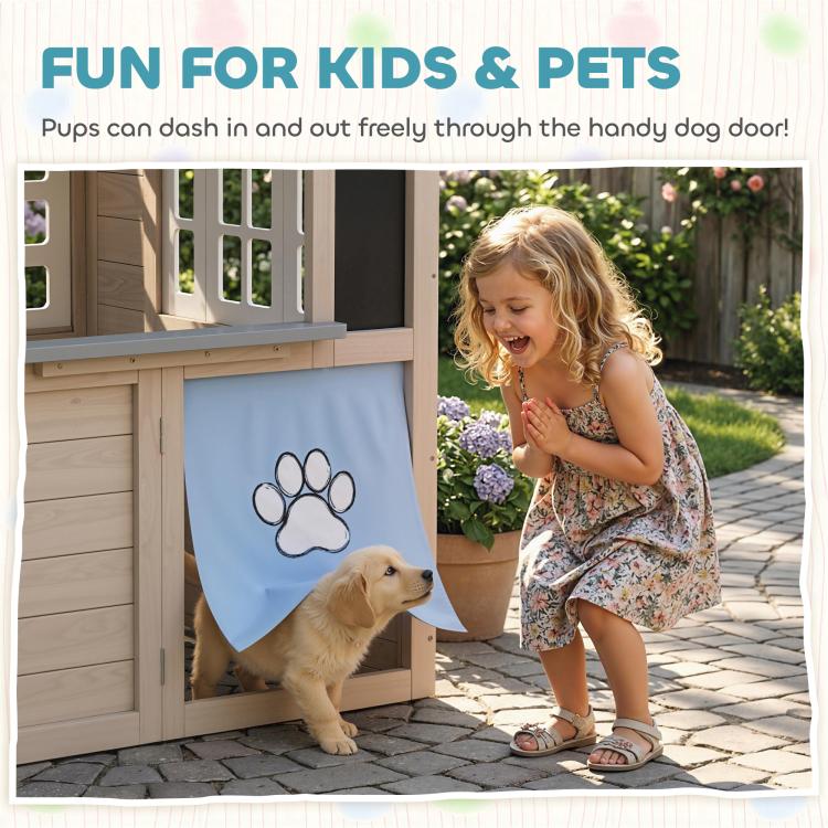Wooden playhouse with paw-pattern dog door and front porch door for kids and pets