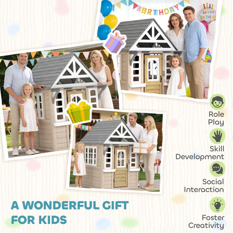 Kids wooden playhouse with gray roof, doors, and windows for pretend play