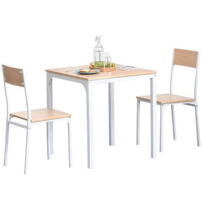 White square dining table set with two matching wood-tone chairs, metal legs.