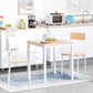 Square dining table set with white frame, wood-tone top and two matching chairs.