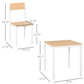 Dimension diagram of a square white dining table with wood-tone chairs and table.