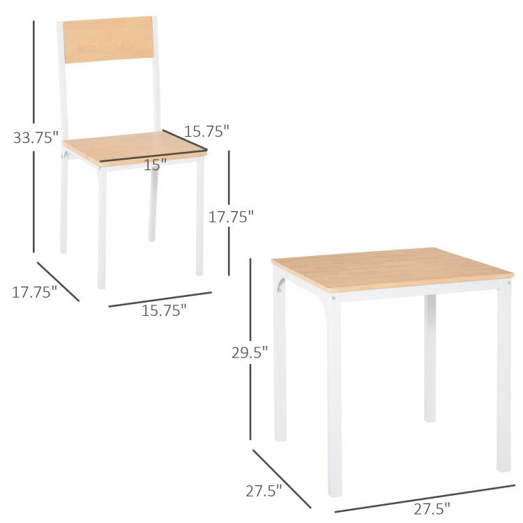 Dimension diagram of a square white dining table with wood-tone chairs and table.