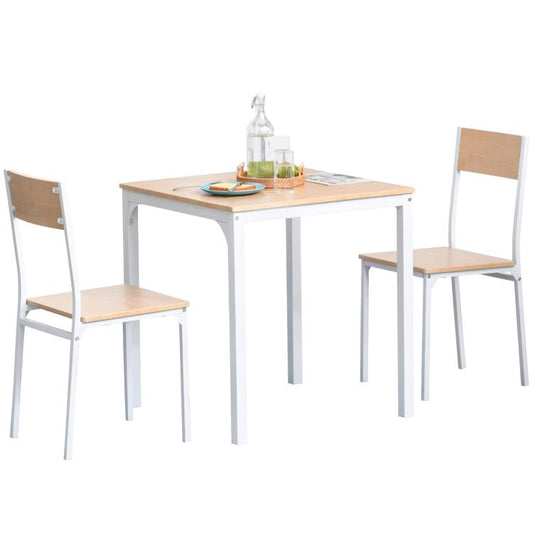 White square dining table set with two matching wood-tone chairs, metal legs.