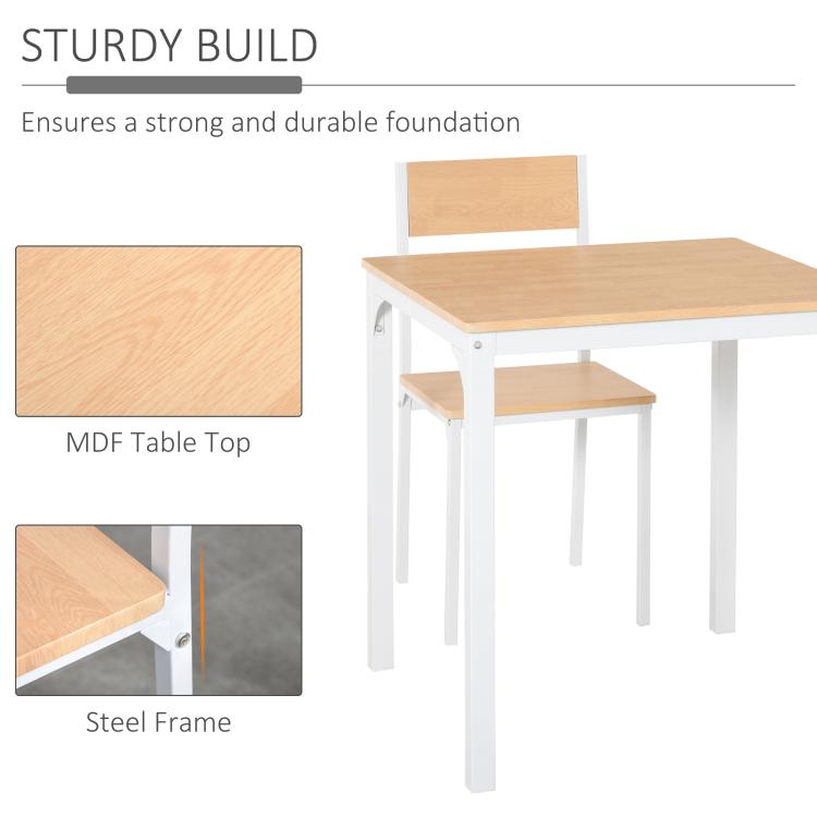 Square table set showing MDF tabletop and steel frame with two wood-tone chairs.