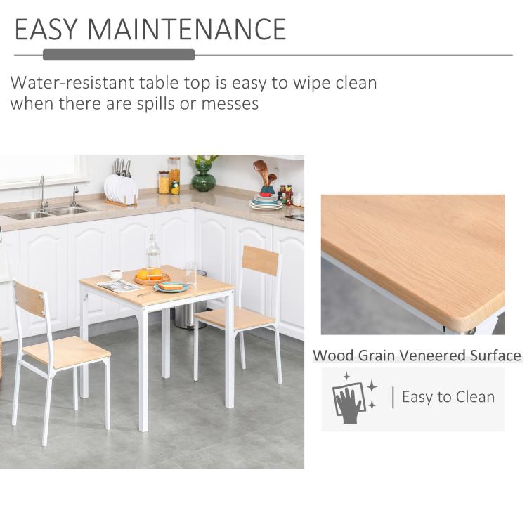 Square white table set with wood-grain tabletop, easy-clean surface and two chairs.