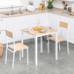 White square dining table set with wood-tone seats and chairs beside the tabletop.