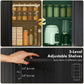 Black pantry cabinet interior showing adjustable shelving levels behind barn doors