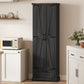 Black pantry cabinet with barn doors closed and lower drawer, front view