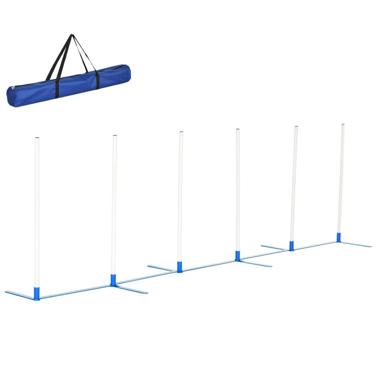 Dog agility weave pole set with blue base crossbars and vertical white poles