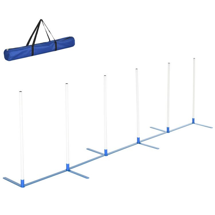Dog weave pole set with blue carrying bag and white poles, includes blue crossbar base