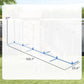 Dog agility weave poles on blue crossbars with tall white poles, shown in close view