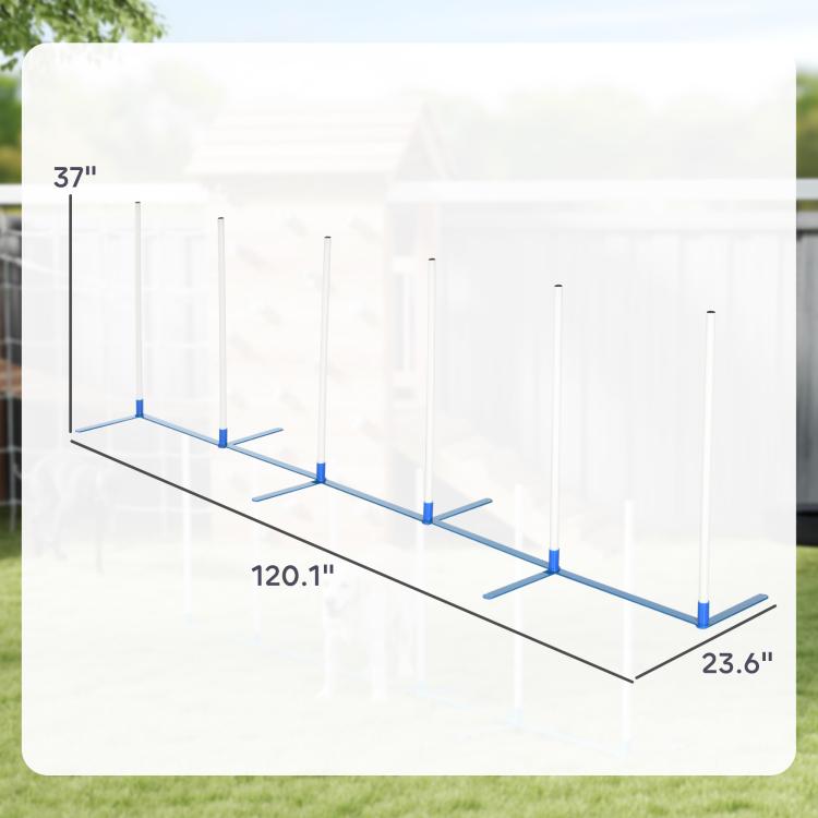 Dog agility weave poles on blue crossbars with tall white poles, shown in close view