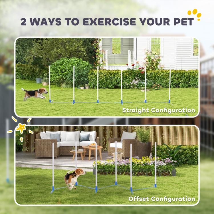 Dog agility weave pole set showing straight and offset layouts with blue bases and white poles