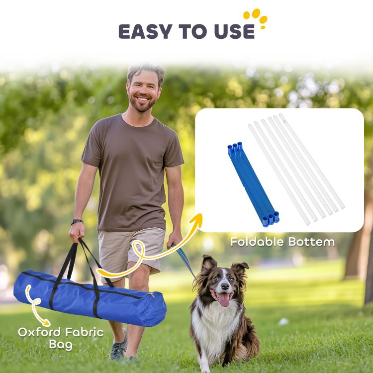 Folded dog agility weave pole set with blue storage bag and white poles