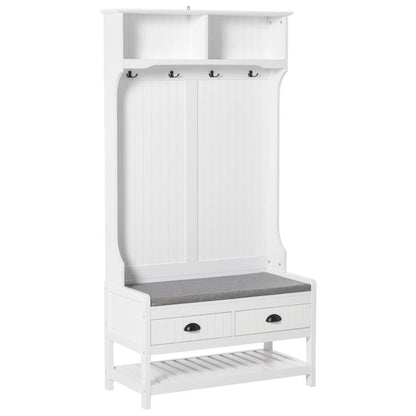 White entryway hall tree with padded bench seat, shoe shelf, and coat hooks