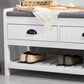 White entryway hall tree bench with padded gray seat and open shoe storage
