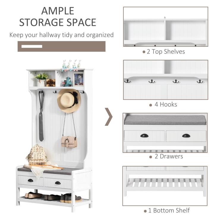 White hall tree organizer with top shelves, four hooks, two drawers, and bottom shoe shelf