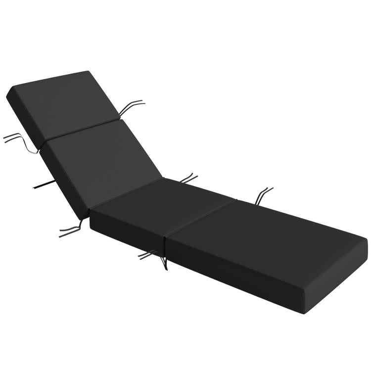Outdoor chaise lounge cushion in dark gray with headrest and side tie straps