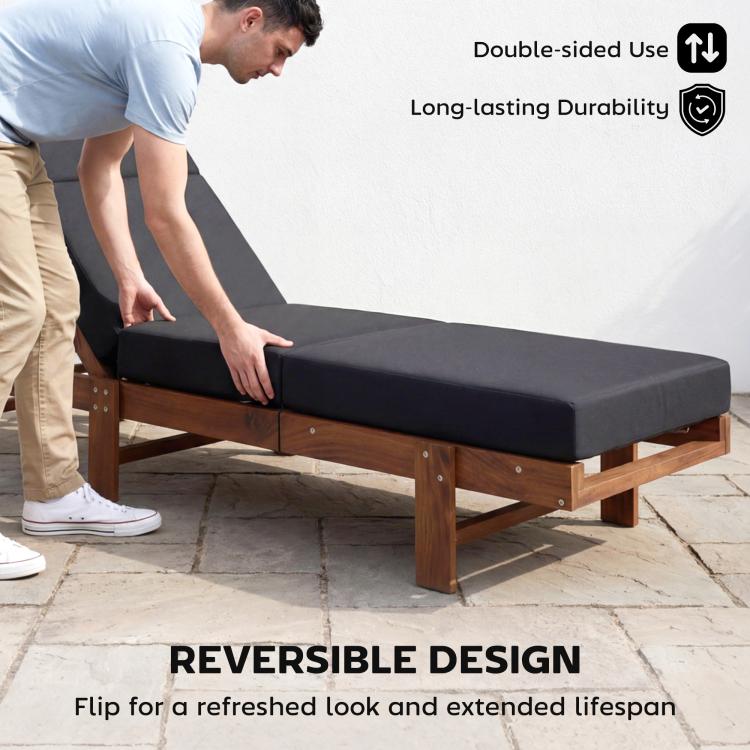 Dark gray chaise lounge cushion on wooden base with headrest section