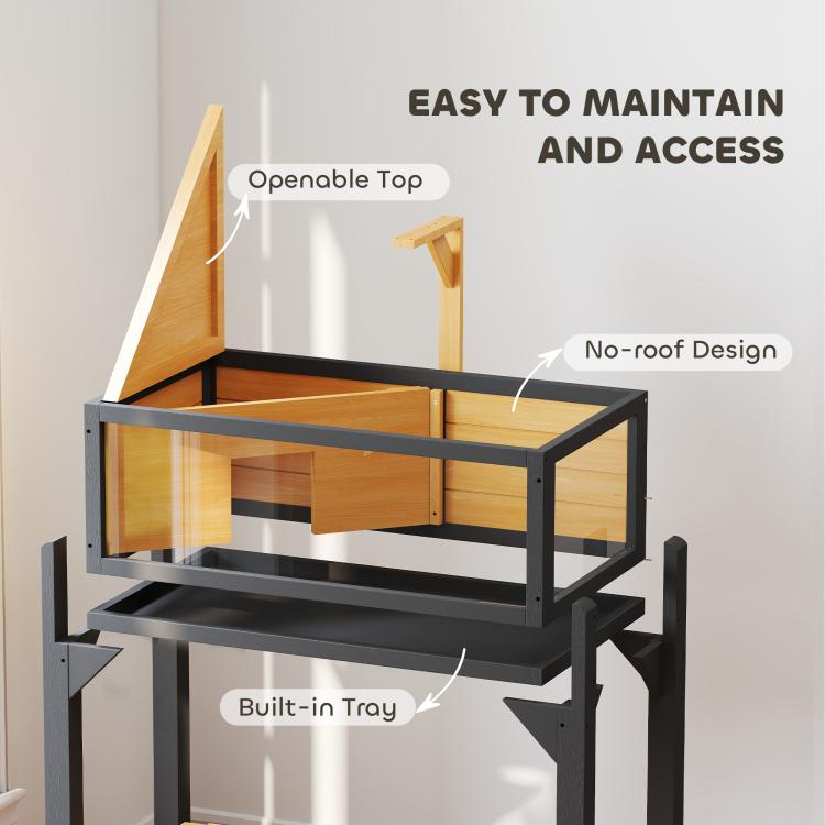 Wooden tortoise habitat with openable top, no-roof design, and built-in tray