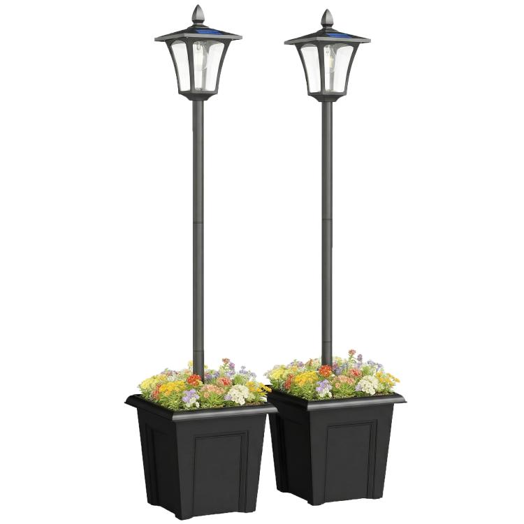 Two black solar lantern-style post lights with planter boxes and warm glowing bulbs