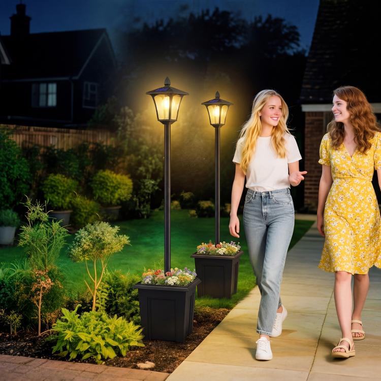 Pair of black solar post lights with lantern tops and built-in planter boxes