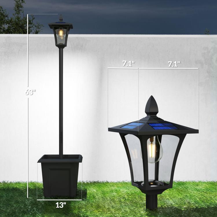 Black solar post lights with planter bases, showing lantern top and dimensions